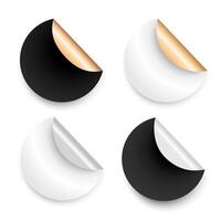 Set of realistic black and white round stickers with curled corners and gold or silver edges. Ideal for labels, branding, promotions, marketing materials, and web design elements. illustration vector