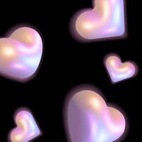 Holographic 3D hearts with an iridescent glow floating on a black background. Ideal for Valentine's Day designs, digital art, greeting cards, posters, social media graphics. illustration vector