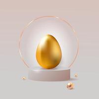 Luxurious 3D rendered golden egg displayed on a modern pedestal with soft lighting. Ideal for luxury branding, financial concepts, Easter themes, investment visuals, promo,product presentation. vector