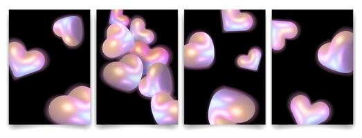Iridescent 3D hearts with pearlescent glow floating on black background Set. Modern and futuristic romantic design, perfect for Valentine's Day, posters, cover, banner, digital art. illustration vector