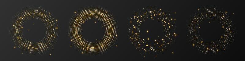 Abstract gold glowing halftone background. Set of four gold glitter patterns in circle form. Circle halftone dots. illustration vector