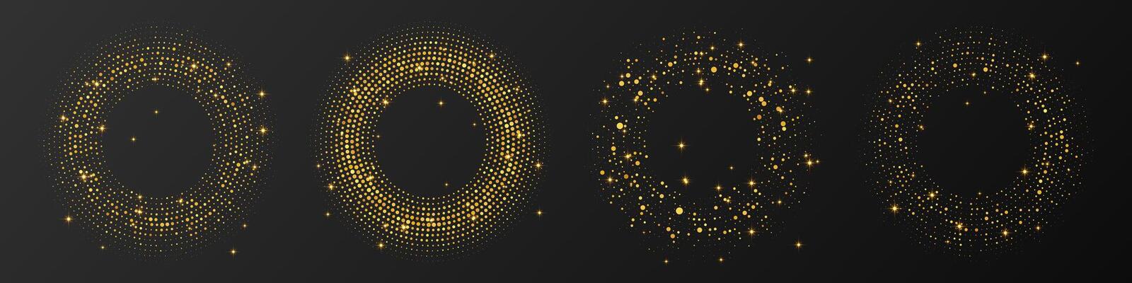 Abstract gold glowing halftone background. Set of four gold glitter patterns in circle form. Circle halftone dots. illustration