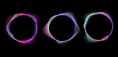 Abstract neon soundwave circles with smooth, glowing gradient lines set for banner,music visuals, audio equalizer, digital art, sci fi themes, tech branding, futuristic backgrounds. illustration vector