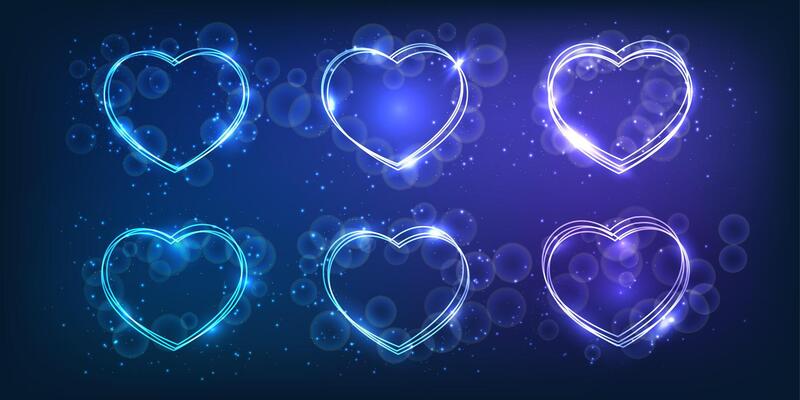Set of neon frames in heart form with shining effects and sparkles on dark background. Empty glowing techno backdrop. illustration