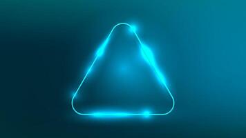 Neon rounded triangle frame with shining effects on dark green background. Empty glowing techno backdrop. illustration vector