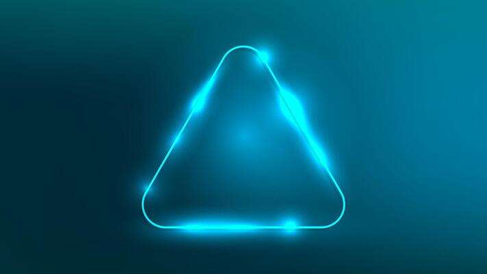 Neon rounded triangle frame with shining effects on dark green background. Empty glowing techno backdrop. illustration