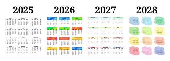 Set of four vertical calendars for 2025, 2026, 2027 and 2028 Sunday to Monday, business template. illustration vector
