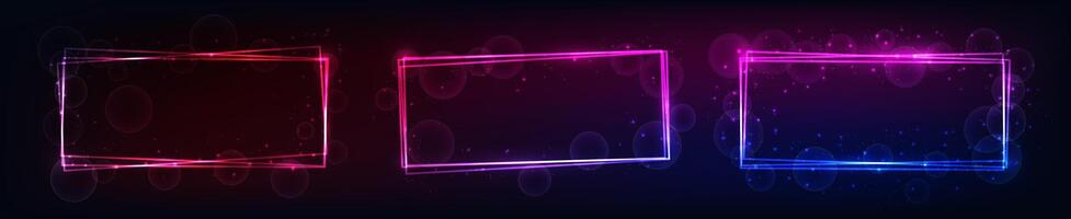 Set of three neon rectangular frames with shining effects and sparkles on dark background. Empty glowing techno backdrop. illustration vector