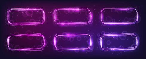 Set of neon rounded rectangular frames with shining effects and sparkles on dark background. Empty glowing techno backdrop. illustration vector