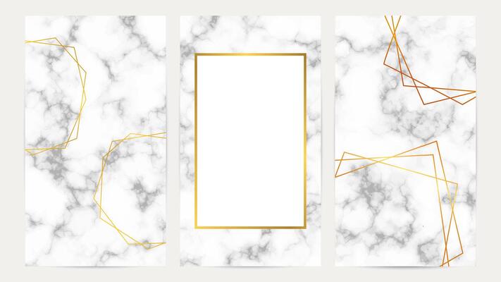 Set of golden geometric frames on marble texture. Luxury templates for wedding card, banner, flyer, poster, greeting