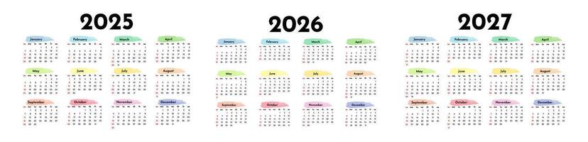 Set of three calendars for 2025, 2026 and 2027 on a white background. Sunday to Monday, business template. illustration vector