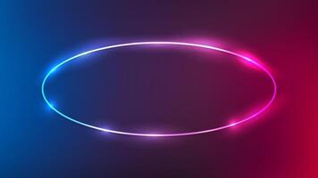 Neon oval frame with shining effects on dark purple background. Empty glowing techno backdrop. illustration vector