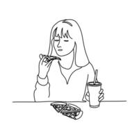 A drawing of a girl eating a delicious slice of pizza is a great design for a fast food menu. vector