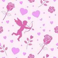 Valentine's day theme background. Seamless pattern with cupid hearts and flowers. Flat style. vector