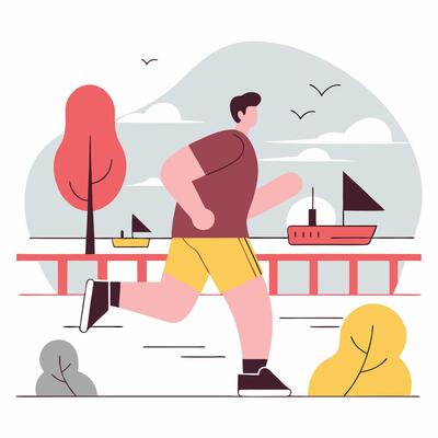 A man jogging by the waterfront. Simple flat illustration