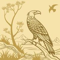 A linear illustration of a bird of prey sitting on a branch. Flat style illustration vector