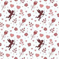 Ornate seamless pattern with cupid hearts and flowers. Valentine's day theme background. Flat style vector