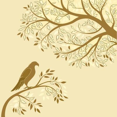 A linear illustration of a bird of prey sitting on a branch. Flat style image