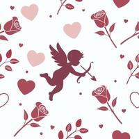 Ornate seamless pattern with cupid hearts and flowers. Valentine's day theme background. Flat style. vector