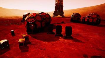 Exploring a Martian base with habitat modules and a landing craft at sunset video