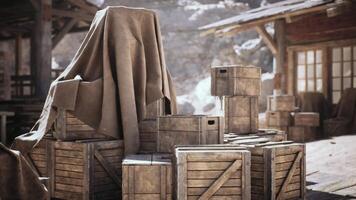Wooden crates covered with fabric in a rustic storage area during daylight video