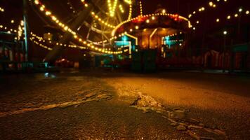 ore notturne divertimento parco con illuminato attrazioni e silenzioso percorsi video