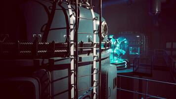 The futuristic laboratory features sleek machinery and advanced technology video