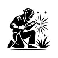 Welder with welding torch and sparks vector