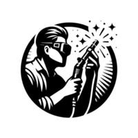 A man with a welding torch in front of a circle vector
