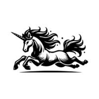 A black and white illustration of a unicorn running vector