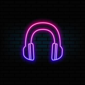 Glowing neon line headphones with microphone icon isolated on brick wall background. Conceptual object for listening to music, service, communication and operator. Colorful outline concept. vector