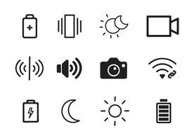 Essential Multimedia and Interface Icons. Battery, Vibration, Brightness, Camera, Sound, and Connectivity vector