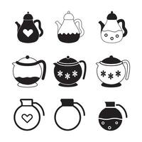 A set of stylized, black and white silhouettes of various teapots and coffee pots vector
