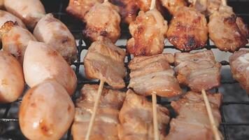 A grill with meat and chicken skewers on it video