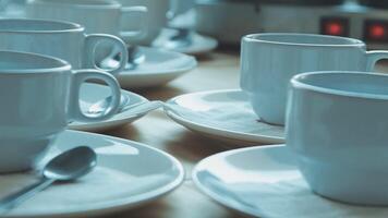 Many white coffee cups and saucers on a table video