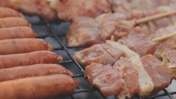 Sausages and meat on skewers on a grill video