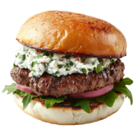 A hamburger with lettuce and onion on a bun png