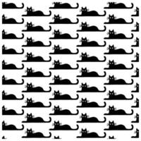 Pattern of alternating black and white cats lying down in rows, featuring distinct faces and playful tails in a whimsical design. vector