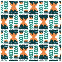 A repeating pattern of stylized green leaves and colorful geometric shapes with orange tops against a white background. vector