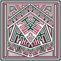 Colorful square scarf, geometric patterns with interlocking shapes in red, green, and black create a vibrant, intricate design. vector