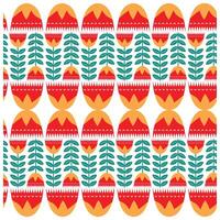 Colorful repeating pattern featuring orange eggs with red tops and green leaves, set against a white background. vector
