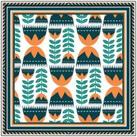 A colorful square print scarf, pattern featuring stylized orange flowers with dark green leaves, framed by a geometric border in vibrant colors. vector