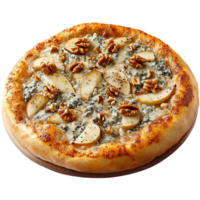 A pizza with blue cheese and walnuts on a wooden plate png
