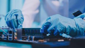 A person in blue gloves is working on a computer video