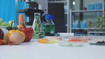 A laboratory table with various vegetables and other food video