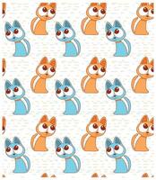 Pattern featuring playful, cartoon-style cats in blue and orange, with oversized eyes on a light, textured background. vector
