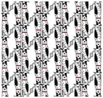 A repeating pattern of whimsical black and white dogs with red collars, illustrated in a playful, cartoonish style. vector