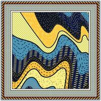 Abstract wavy design featuring vibrant colors of yellow, blue, and navy, framed with intricate geometric patterns. vector