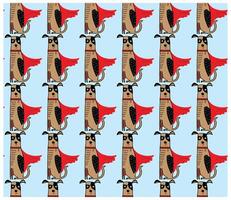 Pattern of quirky cartoon dogs with red capes, standing against a light blue background, creating a playful and whimsical design. vector