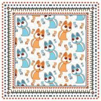 Colorful square print scarf, cartoon cats in orange and blue patterns, bordered by a decorative geometric frame. Playful and whimsical design. vector